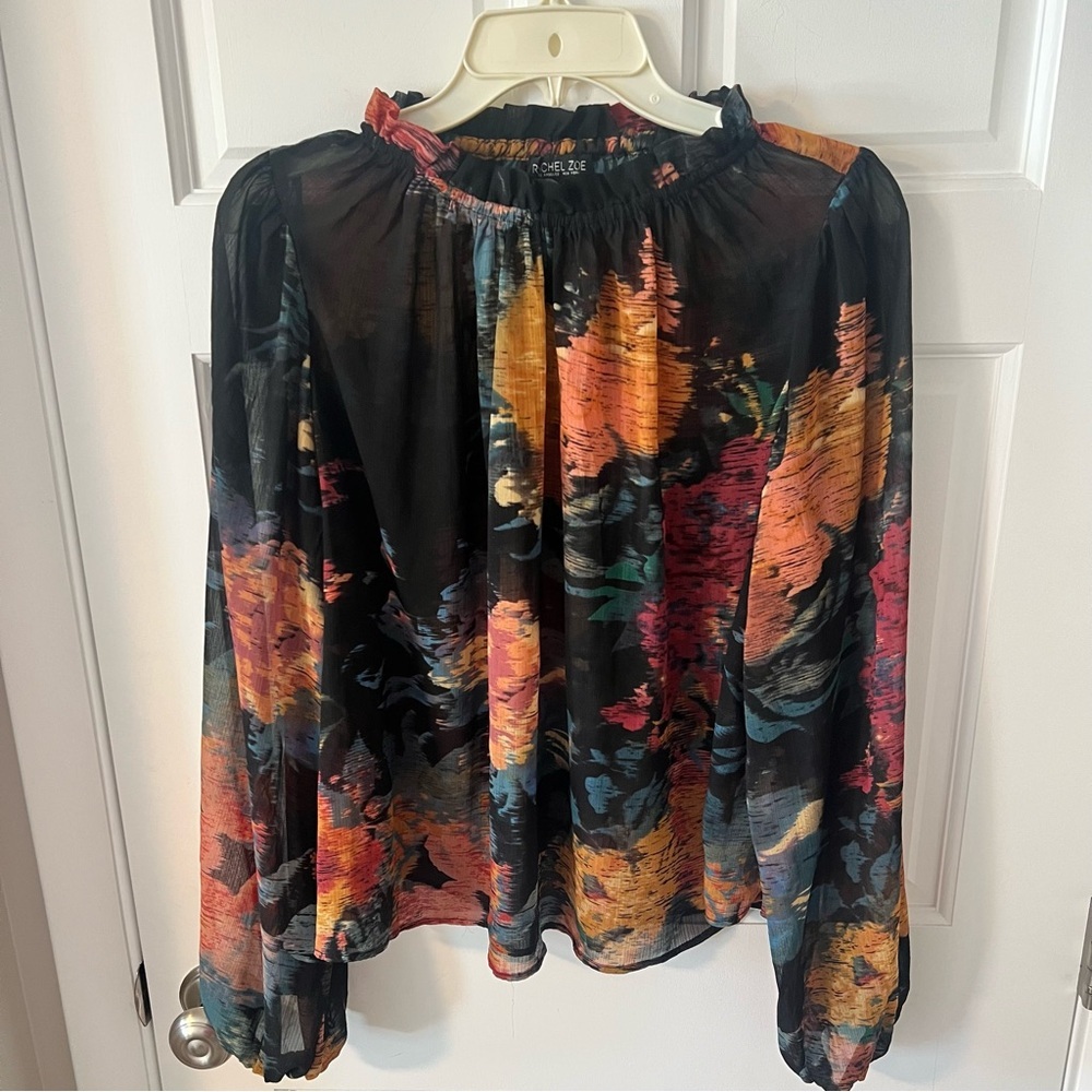 Rachel Zoe Women’s Flowy Sheer Abstract Pullover Blouse Long Sleeve